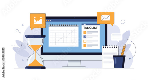 Workspace setup featuring computer monitor with task list and charts, alongside hourglass for time management and paper notebook.