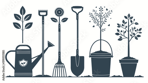 A set of gardening tools and plants in a flat vector illustration
