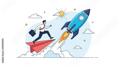 Entrepreneurial spirit and career growth concept showing businessman standing on paper plane while chasing a launching space rocket.