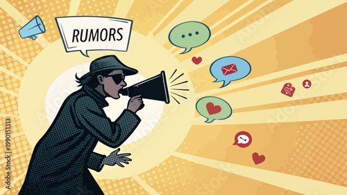 A cartoon man spreading rumors with a megaphone and speech bubbles