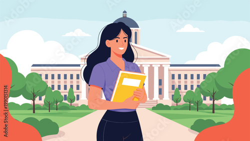 Young female student holding a yellow book while standing in front of a classic college or university campus building.
