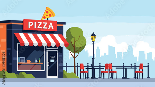 Classic pizza restaurant building with outdoor dining tables and chairs set against a city skyline featuring a bright red sign and striped awning.