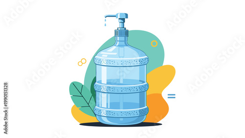 Large plastic mineral water bottle with a manual dispenser pump on top isolated on a decorative background with abstract geometric shapes.