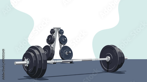 Heavy professional barbell with black weight plates on a dark floor in front of a sturdy metal rack holding additional weights for training.