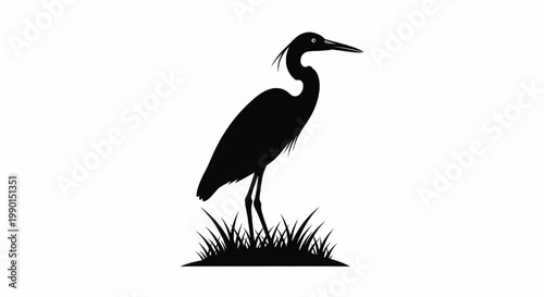 Heron bird silhouette standing in grass with minimal vector style for nature, wildlife, and logo design