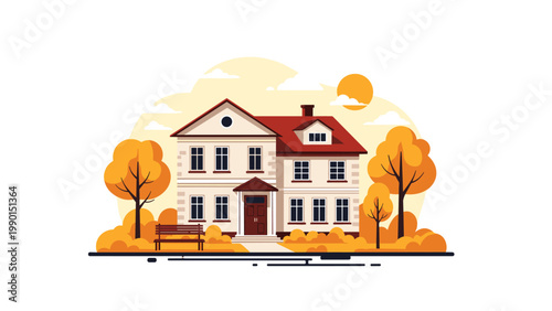 Traditional two-story suburban family house with a red roof surrounded by bright orange autumn trees and bushes isolated on a white background.