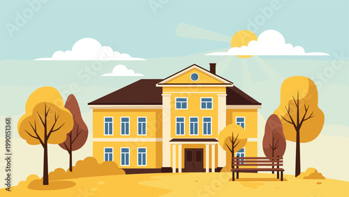 Elegant yellow two-story classical building with colorful autumn trees and a wooden park bench in front of a soft sunny sky with clouds.