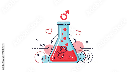 Chemistry flask filled with red liquid and male gender symbols representing the science of love, attraction, and romantic relationship concepts.