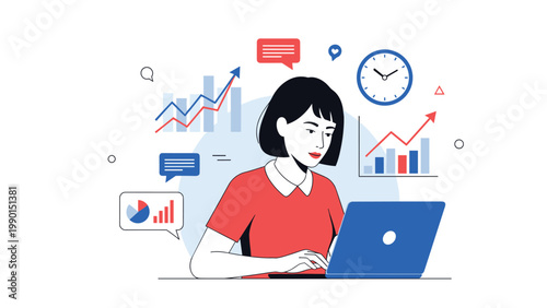 Professional businesswoman working on a laptop surrounded by floating financial data charts, graphs, a clock, and various message icons.