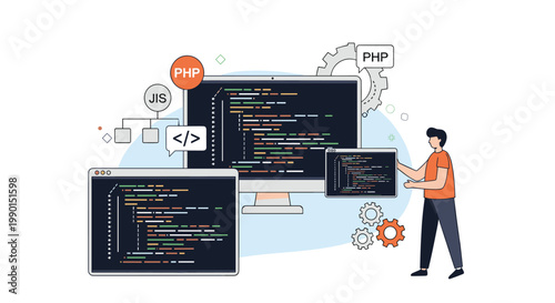 Software development and programming concept showing character working with multiple computer screens displaying lines of code.