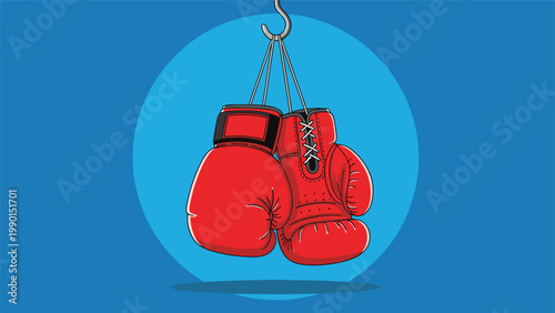 Pair of red leather boxing gloves hanging by their laces from a metal hook against a circular blue and white background.