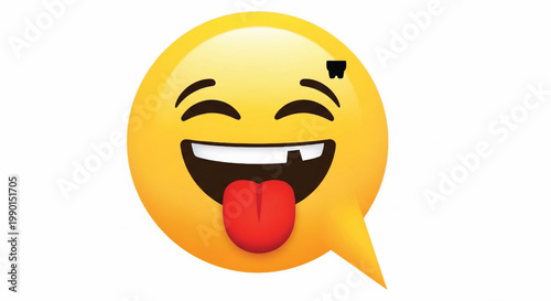 Emoji speech bubble with laughing face and tongue sticking out, yellow social media emoticon icon on white
