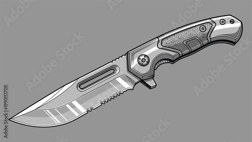 High-tech tactical folding knife with a grey metal blade, serrated edge, and a textured handle shown against a solid grey background.
