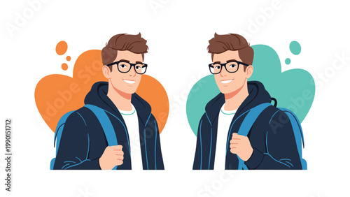 Identical portraits of a smiling young man wearing glasses and a navy blue hoodie with backpack straps on different colorful backgrounds.