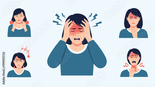 Woman suffering from a severe migraine and neck tension is illustrated in multiple poses to highlight common symptoms of stress or physical exhaustion.