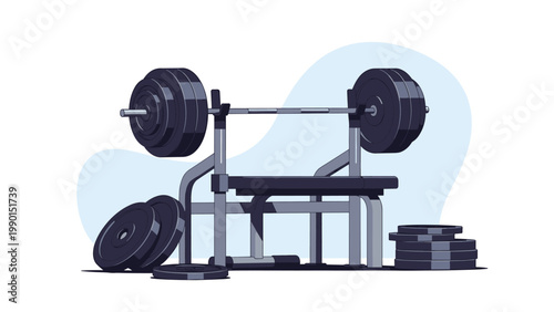 Heavy-duty gym weight bench equipped with a barbell loaded with black plates for chest press exercises on a light background.
