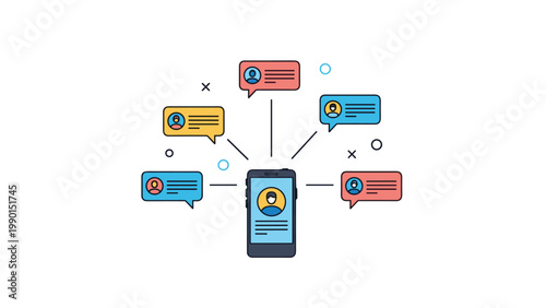 Modern communication concept showing a smartphone surrounded by different user profile icons and speech bubbles on a white background.