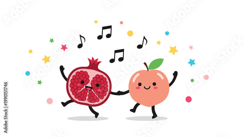 Joyful cartoon pomegranate and peach characters holding hands and dancing happily surrounded by colorful stars and music notes.