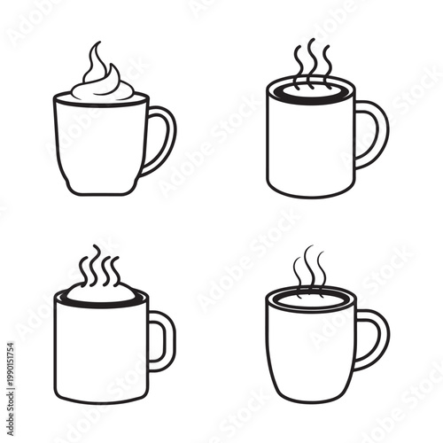 Four black line art coffee cups with steam rising  hot beverages  morning drink
