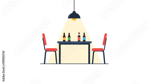 Four different beer bottles stand on a table under the warm light of a hanging lamp in a simple minimalist setting.