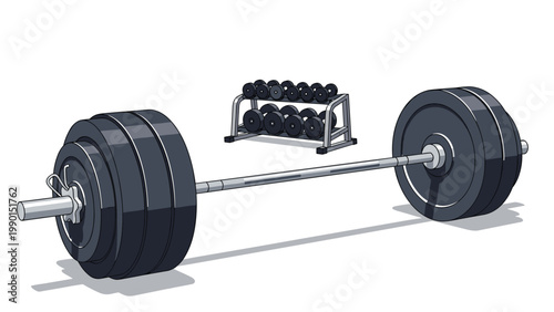 Heavy barbell with several weight plates sits on the gym floor with a rack of various dumbbells in the background.
