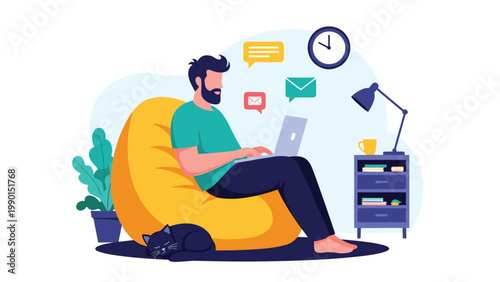Man sitting in a yellow beanbag chair using a laptop for work while his black cat sleeps on the rug next to him in a cozy room.