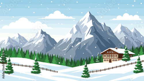 Scenic winter landscape features snow covered mountains and pine trees with a cozy wooden cabin nestled in the snowy hills.