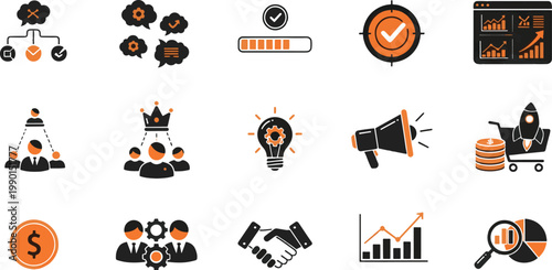 Corporate Business Strategy and Marketing Icon Set with Growth Analytics, Startup Launch, Team Leadership, and Financial Success Symbols in Orange and Black