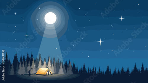 Peaceful night scene of a lit camping tent in a pine forest illuminated by the bright beam of a full moon in a starry sky.