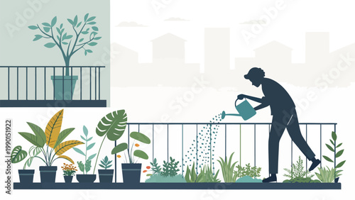 A person watering plants on a balcony with a city view