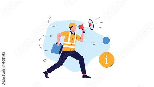Professional construction worker using a megaphone to communicate while carrying a briefcase and moving with urgency on a project site.