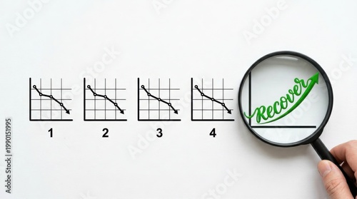 A person examines recovery graphs on charts with a magnifying glass.