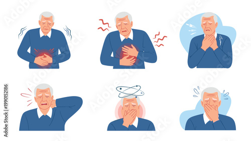 Elderly man is shown experiencing different medical symptoms like chest pain, cough, and stomach ache in a series.
