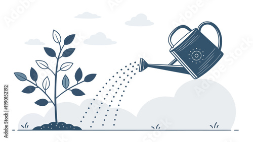A minimalist vector illustration of a watering can nurturing a young plant