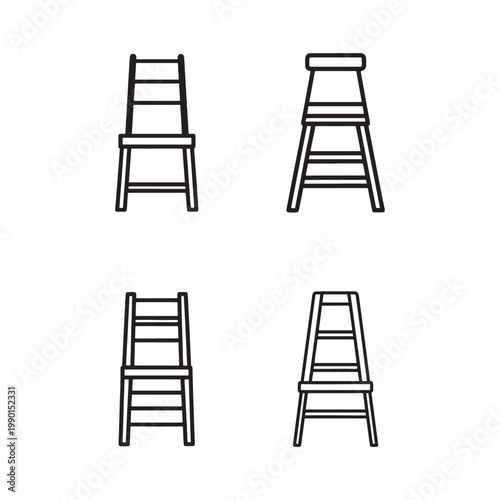 Four black line art illustrations of stepladders in different positions and styles for climbing and home improvement tasks  various designs