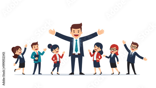 Team of happy business people in formal attire celebrate together while their leader stands proudly in the center.