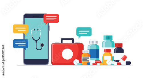 Online medicine and digital healthcare concept showing smartphone with stethoscope icon surrounded by first aid kit and pills.