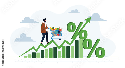 Economic inflation and rising prices concept showing man with shopping cart walking up a green growth bar chart with percent icons.