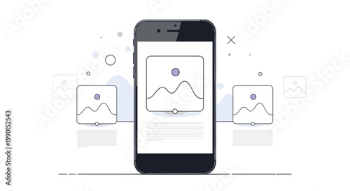 Mobile application design and photography showing smartphone with image placeholders and gallery layout elements in the background.