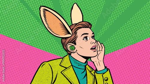 A colorful pop art illustration of a man wearing bunny ears