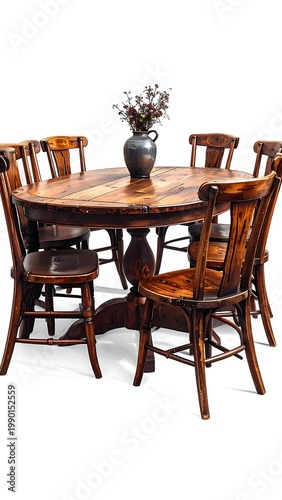 A wooden dining table with six matching chairs and a vase