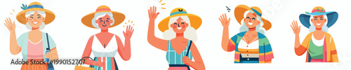 half body vector of a grandma standing waving hand in summer clothes