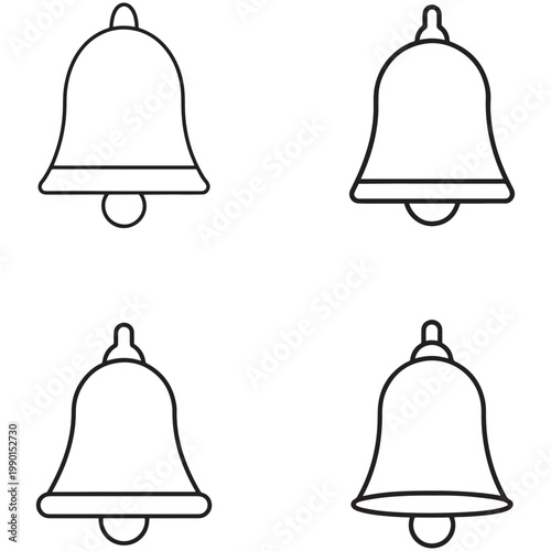 Four black line drawing bells in different angles on white background  simple icons