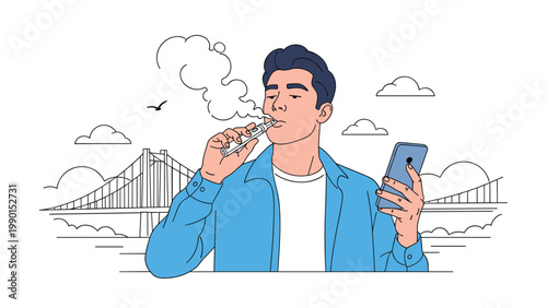 Young man using an electronic cigarette and blowing vapor while holding a smartphone in front of a city bridge and cloud background.