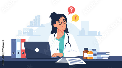 Pensive female doctor in her office sitting at a desk with a laptop and medical supplies thinking about a complex case or diagnosis.