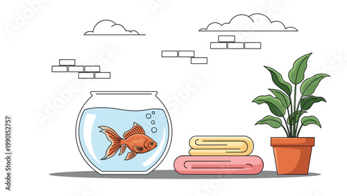 Peaceful home scene with a goldfish in a glass bowl placed next to folded towels and a green potted plant against a brick wall.