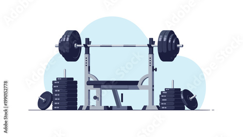 Professional weightlifting bench press station equipped with a heavy barbell and extra weight plates against a light blue background.