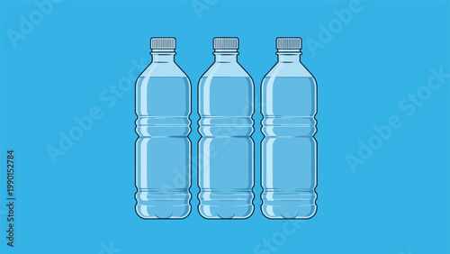 Three identical clear plastic water bottles are filled with clean water and arranged in a row against a solid blue background.
