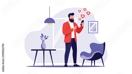Stylish man in a red jacket stands in his living room looking at his phone while heart icons float out from the screen.