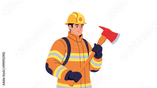 Brave firefighter in protective orange uniform and yellow helmet holds a red firefighting axe ready for emergency duty.